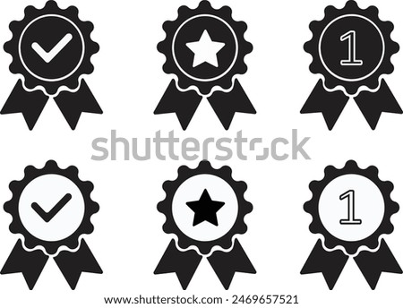 Set of medal or guarantee icons. Badge concept of minimal consumer control emblem or assurance Fill check approval, one and star trendy modern distinction win logotype isolated transparent background.