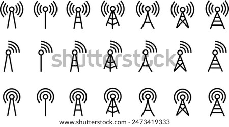 Set of Wireless cellular, cell signal, radio network antenna fill art icons. Tower designs. Telecommunication data network signs and symbols. Transmitter receiver isolated on transparent background.