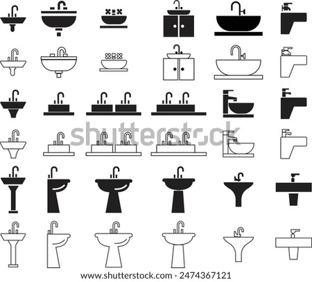 Kitchen Washbasin flat, line icons Set. Sink with tap, Bathroom symbols, Kitchen furniture signs editable stock for mobile concept, web design. Sink cleaning in trendy style on transparent background.