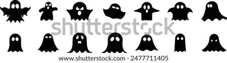 Ghost, phantom or apparition haunting Halloween black fill vectors icons Set for holiday apps and website. Simple spooky character. Scary ghostly monster Silhouette isolated on transparent background.