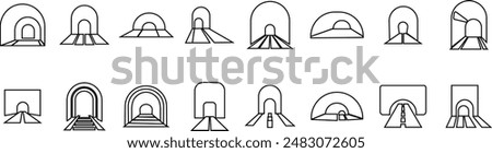 Tunnel signs multi series styles icons Set. Line vectors of railway warning icon for website or mobile application. Highway road, automobile bridge, transport infrastructure on transparent background.