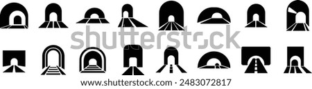 Tunnel signs multi series styles icons Set. Fill vectors of railway warning icon for website or mobile application. Highway road, automobile bridge, transport infrastructure on transparent background.