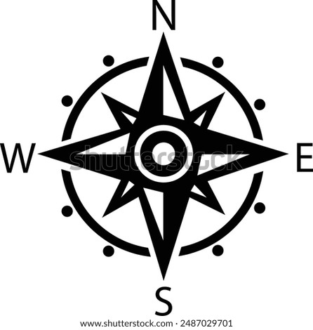 Compass flat icon. Monochrome navigational compass with cardinal directions of North, East, South, West. Nautical wind rose fill icon. Geographical position, cartography on transparent background.