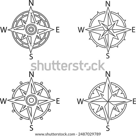 Compass Outline icons Set. Monochrome navigational compass with cardinal directions of North, East, South, West. Nautical line wind rose. Geographical position, cartography on transparent background.