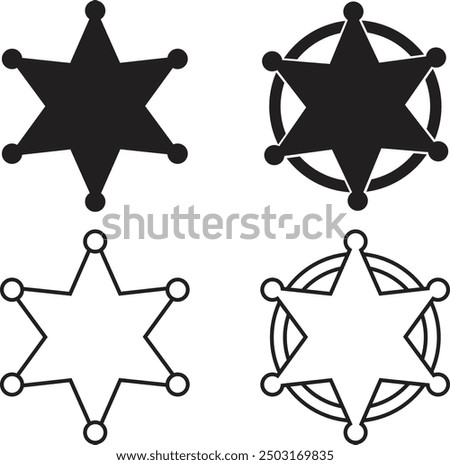 Sheriff star badge line, flat icons Set. Retro vintage sheriff star. Western cowboy officer 6 point badge symbols. Hexagonal medal. Vector of Security Police symbol isolated on transparent background.