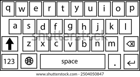 Smartphone keyboard in dark mode, keypad alphabet buttons in trendy modern Outline style, mobile phone tab concept for black color text app vector illustration isolated on transparent background.