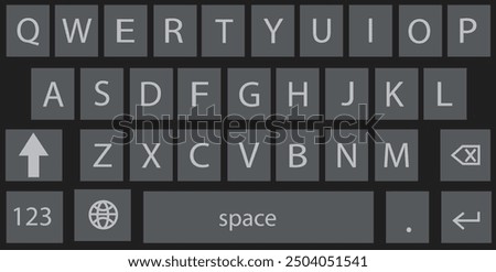 Smartphone keyboard in dark mode, keypad alphabet buttons in trendy modern flat style, mobile phone tab concept for black color text app vector illustration isolated on transparent background.