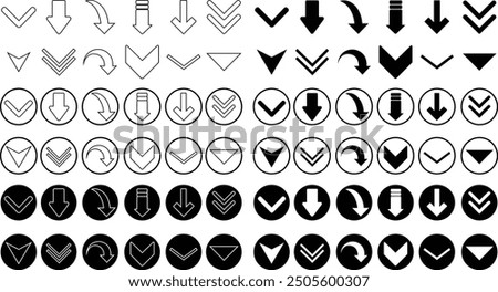 Down arrows icons Set. scroll illustration signs. Animation of arrow bouncing as it slide down. Graphic line, flat designs elements pictogram Suitable for apps and websites on transparent background.