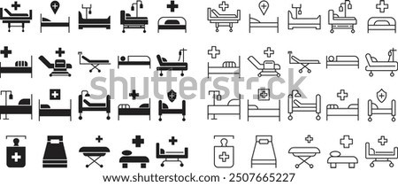 Set of Hospital bed icons in flat, Line styles. Patient bed vectors. Medical treatment. stretcher bed, recovery signs suitable for mobile app, and website designs isolated on transparent background.