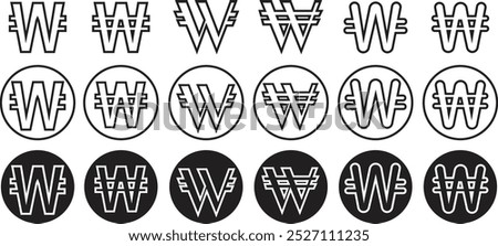 Won currency icons vectors set in trendy line styles. South korea simple design illustration for business and graphic needs. concept futuristic financial technology isolated on transparent background.