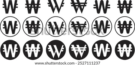 Won currency icons vectors set in trendy flat styles. South korea simple design illustration for business and graphic needs. concept futuristic financial technology isolated on transparent background.