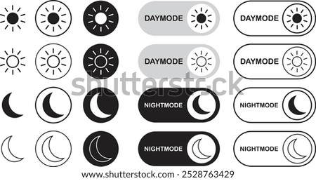 On and off toggle switch flat and line buttons Set. day, night brightness, light, dark mode, sun, moon icons isolated on transparent background. Active, deactivate in settings of smart mobile device.