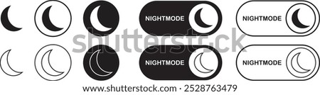 Off toggle switch flat and line buttons set. Night brightness, dark mode switch, moon icons vectors isolated on transparent background. Deactivate in the settings of smart mobile device illustration.