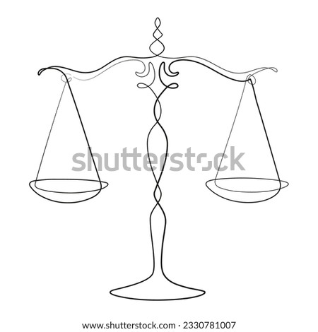 Scales minimalist art. Libra icon. Law business symbol. Weight balance. One continuous single line of court legal scales on white background. Libra or law one line drawing style. Zodiac sign.