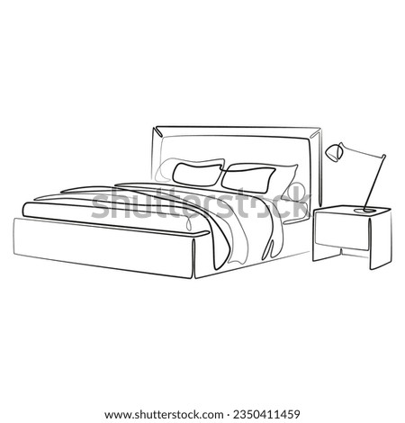 Continuous one line drawing of double bed with bedside table with lamp. Scandinavian stylish furniture for bedroom in simple linear style. Modern minimalist furniture. Doodle vector illustration.