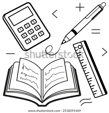 School supplies simple drawing. Vector illustration with studying supplies in line art. Educational elements black contour sketch. Book, ruler, pen, calculator image.