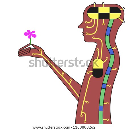 An electronic man holds a living flower in his hands.  Vector illustration.