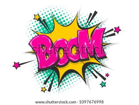 Boom isolated white comic text speech bubble. Colored pop art style sound effect. Halftone vector illustration banner. Vintage comics book poster. Colored funny cloud font. Foto stock © 
