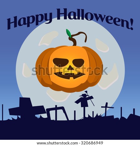 Vector icon for the holiday Halloween with the image of a pumpkin with green leaf against the moon