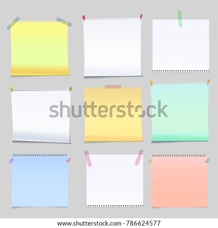 Realistic yellow, green and white memo stickers with shadow and curled corner mockup. Notes paper sheets templates, reminders with with sticky tape or push pins and clips Vector illustration stock .