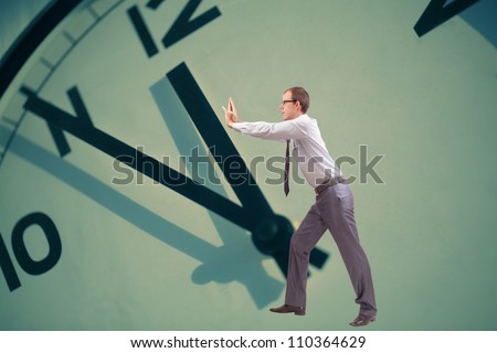 Business man stop time  takes hours or driving time ago