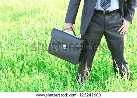 Businessman in blue shirt and tie standing with crossed legs in grass field with confident look  Space for inscription