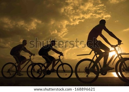 Image of sporty company friends on bicycles outdoors against sunset. Silhouette A lot phases of motion go of three 3 cyclist along shoreline coast Reflection sun on water Copy Space for inscription