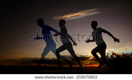 Movement Phase one athlete Silhouette of Three runners running along seashore against sunset cloudy sky and sea water texture background