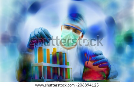 Portrait of Man in Protective Suit Picking Drop with Pipette Chemister holding glass with orange water on futuristic colorful background