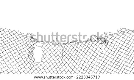 Opening in metallic fence isolated on white background .breakthrough concept. metaphor. Chain-link, wire netting, wire mesh, cyclone hurricane fence. Challenge. uncertainty Foto stock © 