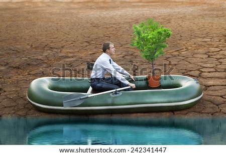 businessman in boat rocks look bright future symbol save alone tree crisis stagnation losses braking difficulties environmental disaster water scarcity drought man will rows home for shore in boat