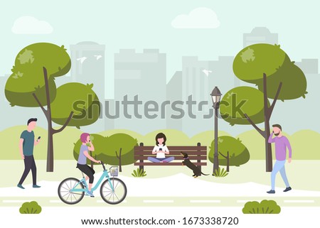 People walking on the urban park using smartphones. Stock vector. People and mobile technology flat illustration, chat, mobile messengers, phone call, dating service.  