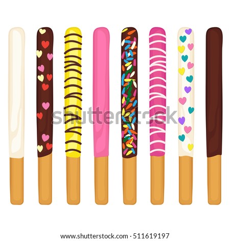 Vector illustration of chocolate dipped cookie sticks on white background.