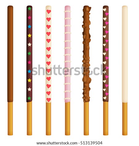 Vector illustration of chocolate dipped cookie sticks on white background. Decorated white and brown chocolate snacks.