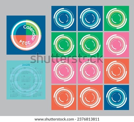 Vector calendar_2024 with numbers placed round the circle. 
Editable square template of 12 pages plus 2 cover's pages, one cover page consists of calendar 2025. 