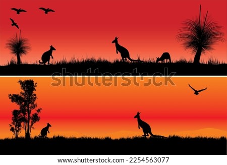 Silhouette of black boy tree and gum trees at sunset with kangaroos. Vector illustration.