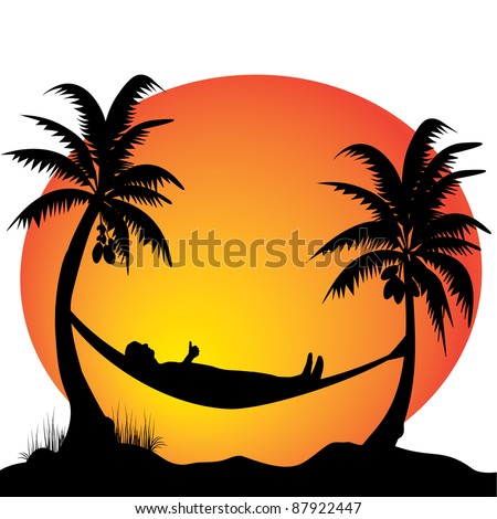 A Young Men Relaxing On A Hammock In The Moonlight Between Two Palm ...