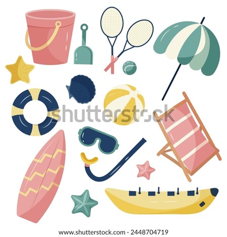 Summer icons set featuring various summer activities like swimming goggles, sun umbrella, ball and sports equipment like tennis racket. It is a vector illustration set.