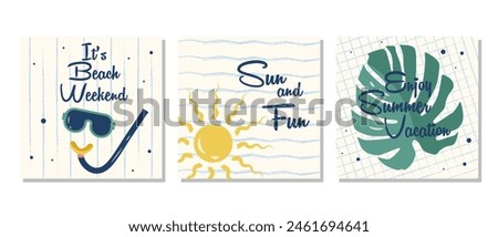 Set of summer posters with the sun, monstera leaf, and scuba mask on a white background.