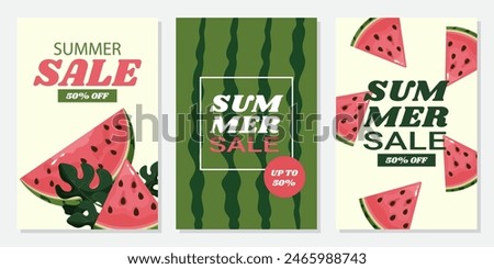 A set of three vertical summer sale banners featuring watermelon  Summer sale with 50% off discount text for business flyers, ads, and brochure layout.