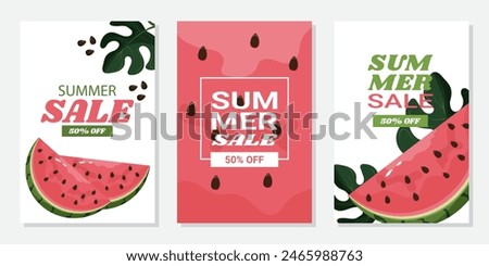  Set of summer sale banners featuring watermelon. Summer sale with 50% off discount text for business flyers, ads, and brochure layout.