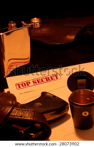 top secret documents, guns, aperetif from flack - spy celebrating a victory - in red tone