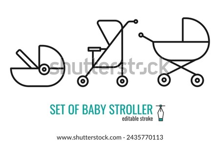 Set of baby stroller line icons. Baby carriage symbol.Pram outline vector icon.Linear style sign for mobile concept and web design. Symbol, logo illustration EPS 10. Editable stroke