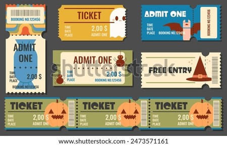 Funny Halloween tickets. Admit one coupon vector templates for Halloween Party.Paper ticket stubs and entrance pass set with candy,spider,pumpkin and other Haloween symbols.Vector illustration EPS 10