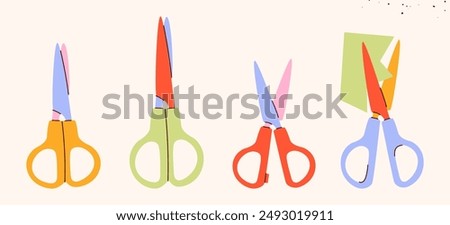 Isolated open scissors symbol set. Scissors cutting paper,scissoring, shear concept.kid scissors signs.Hand drawn Vector illustration EPS 10.