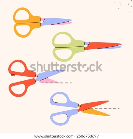 Isolated scissors symbol set. Scissors cutting paper,scissoring, shear concept.kid scissors signs.Hand drawn Vector illustration EPS 10.