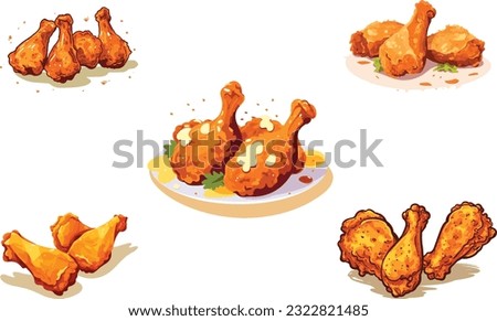 set of hot and crispy chicken leg pieces illustration, set of fried chicken pieces illustration