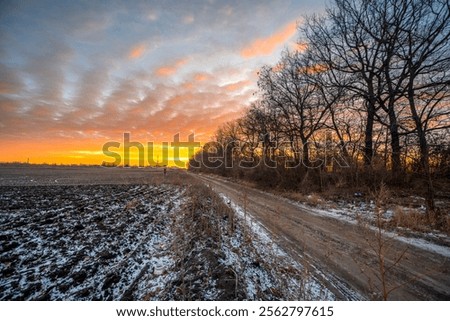 Similar – Image, Stock Photo Empty smooth frozen winter road with ice snow after storm