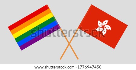 Crossed flags of LGBT and Hong Kong. Official colors. Correct proportion. Vector illustration
