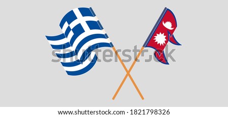Crossed and waving flags of Nepal and Greece